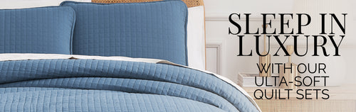 Sleep in Luxury in our Ultra soft quilt sets - blue quilt shown on image
