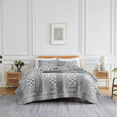 Front View of Global Patchwork Quilt Set in grey#color_patchwork-grey