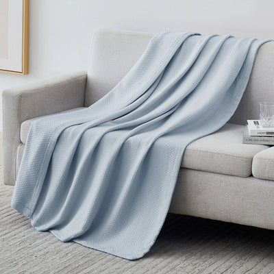 Milton Cotton Blankets and Throws on Couch in Blue#color_milton-blue
