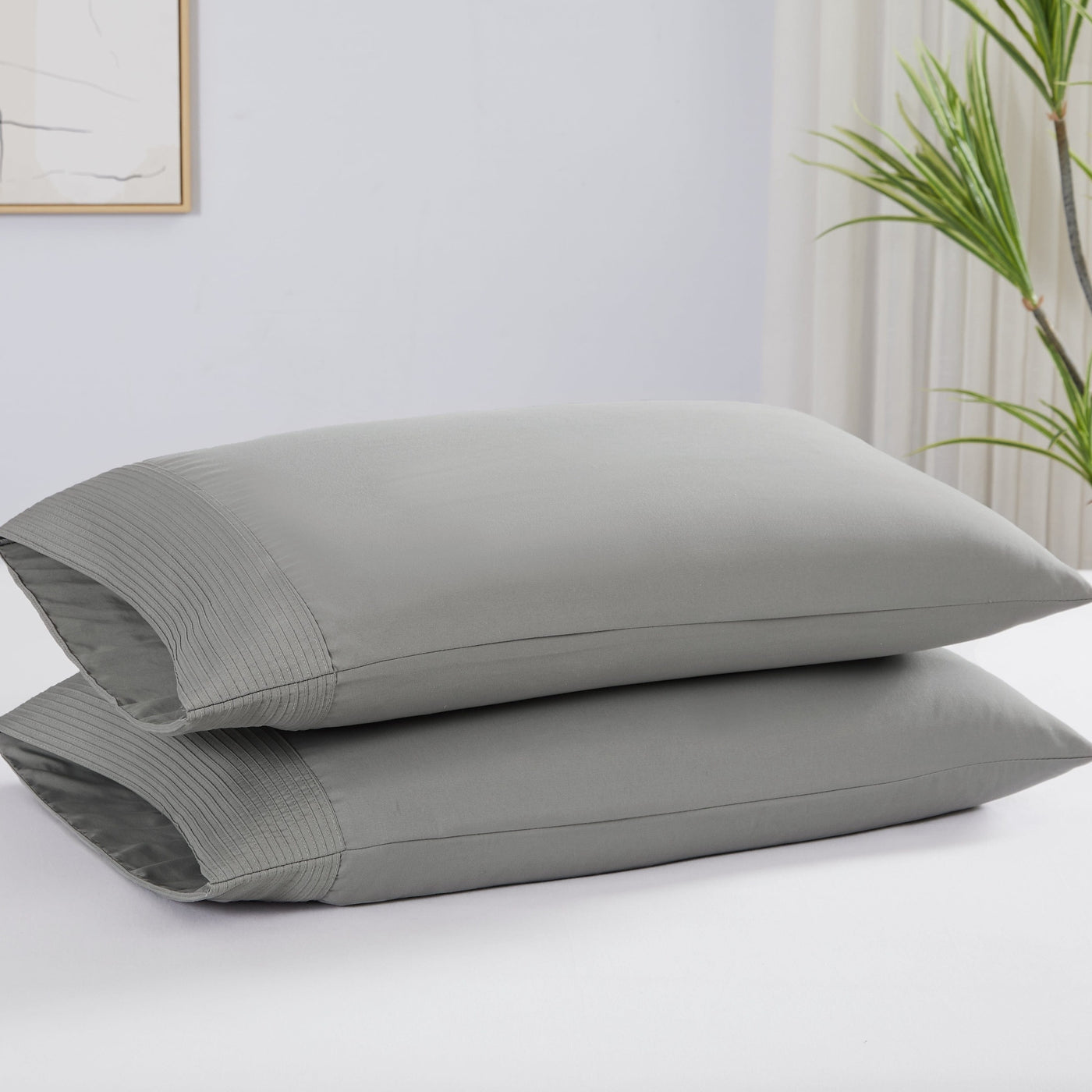 Two Vilano Pleated Pillow Cases in Steel Grey Stack Together#color_vilano-steel-gray