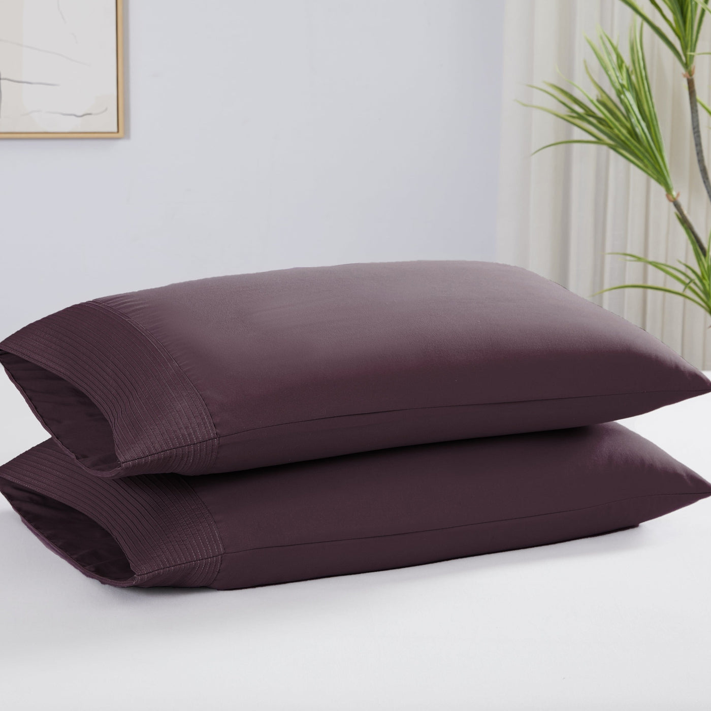Two Vilano Pleated Pillow Cases in Purple Stack Together#color_vilano-purple