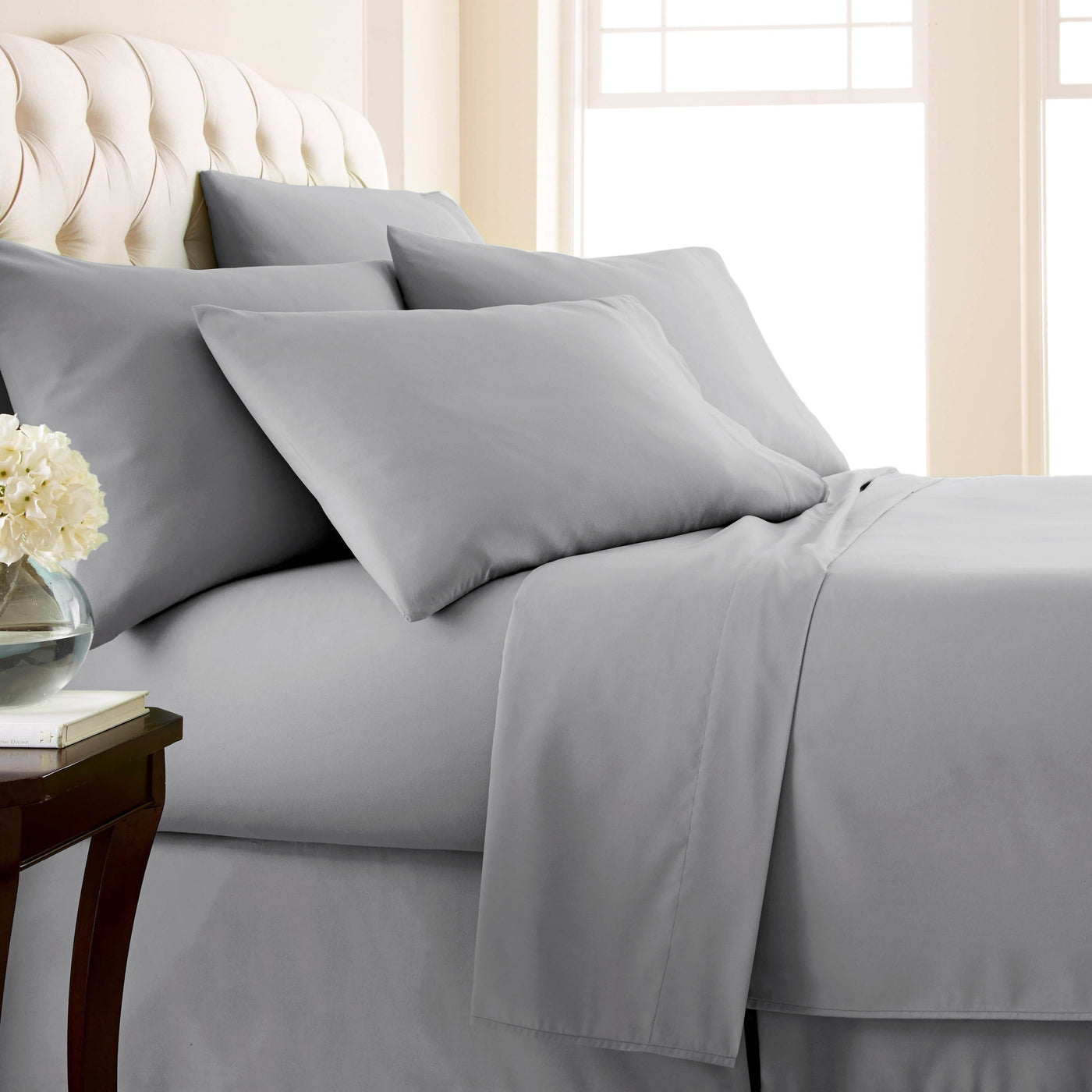 Side View of Everyday Essentials 6PC Sheet Set in Grey in cream#color_grey