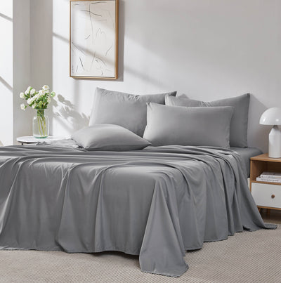 Angled View of Everyday Essentials 6PC Sheet Set in Grey in cream#color_grey