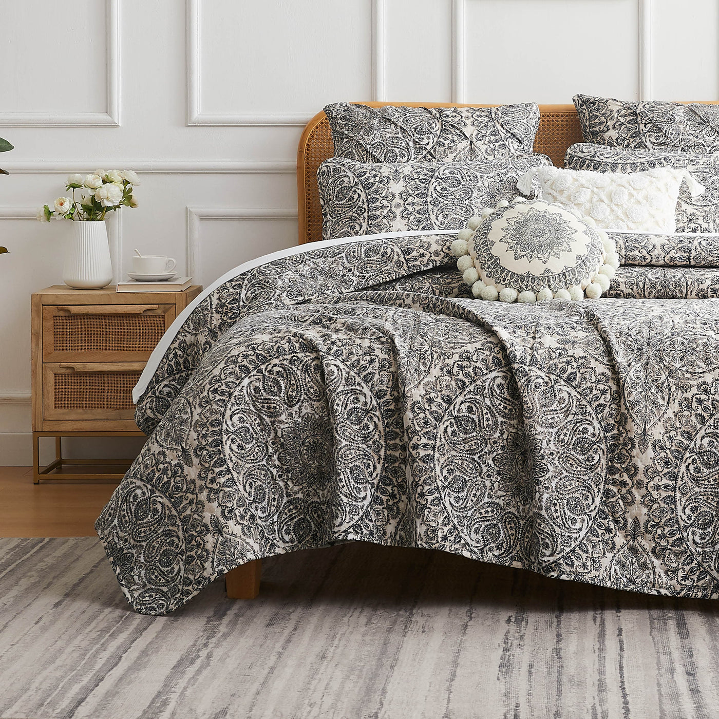 Front View of Ashanti Oversized 7-Piece Quilt Set in grey#color_ashanti-grey