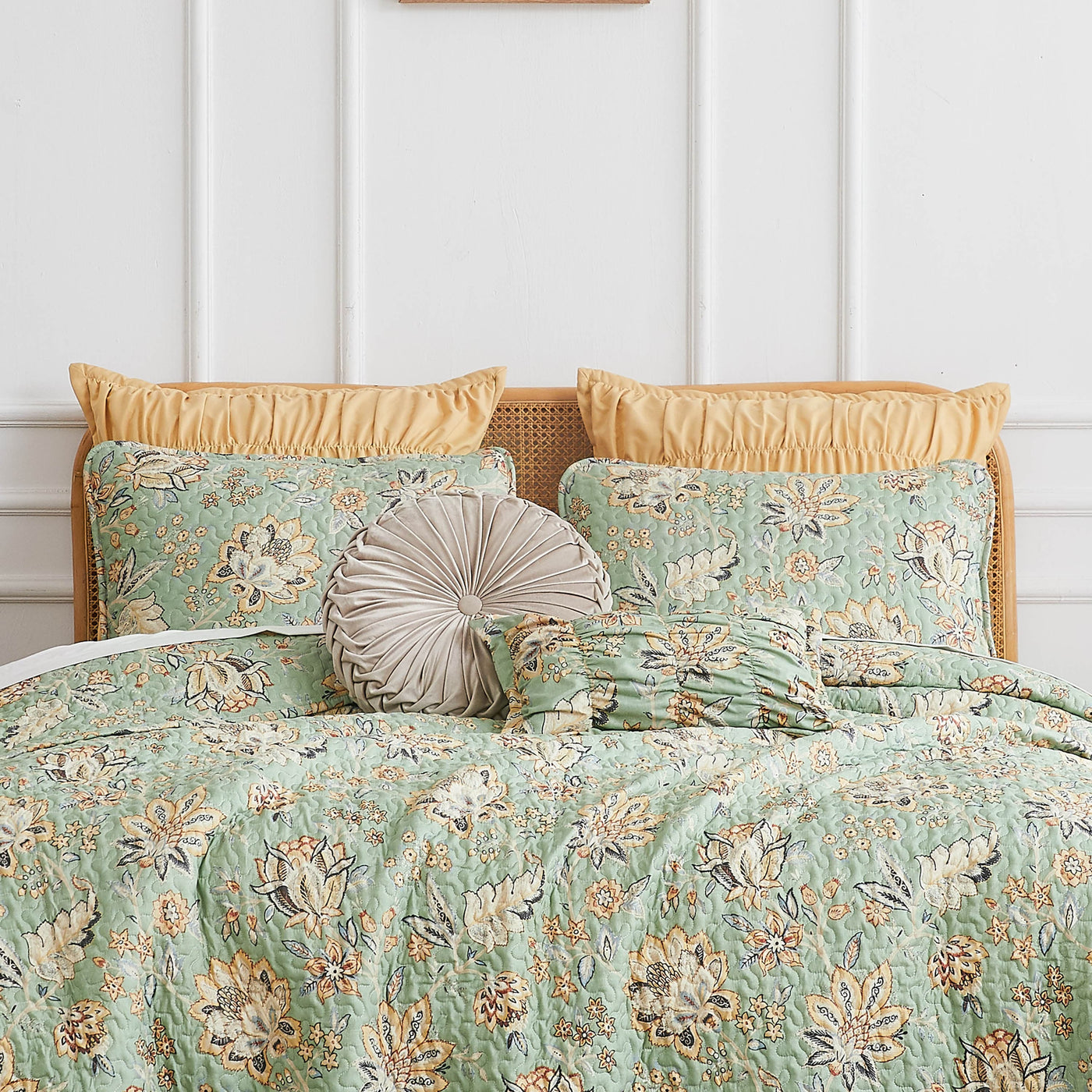 Front View of Jacobean Willow Oversized 7-Piece Quilt Set in green#color_jacobean-willow-green