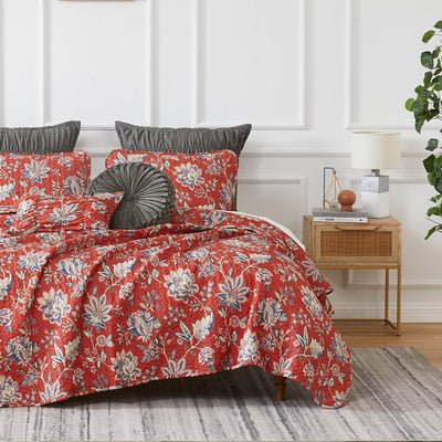 Front View of Jacobean Willow Oversized 7-Piece Quilt Set in Red#color_jacobean-willow-red