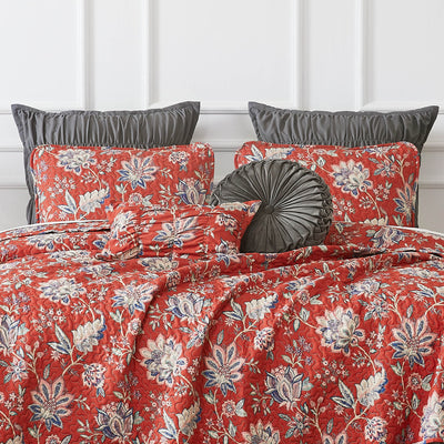 Front View of Jacobean Willow Oversized 7-Piece Quilt Set in Red#color_jacobean-willow-red