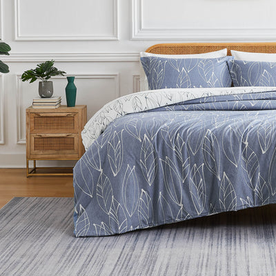 Front View of Reversible Modern Foliage Comforter Set in Blue#color_modern-foliage-blue