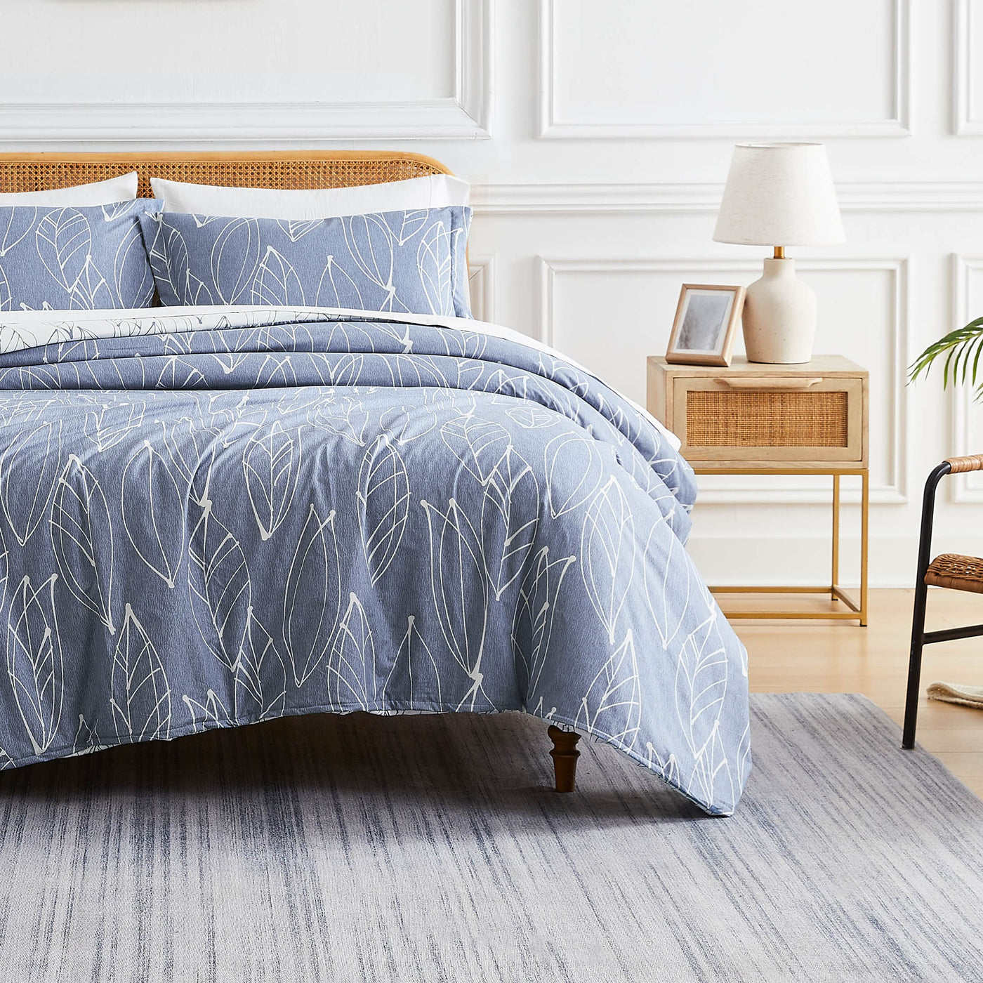 Front View of Reversible Modern Foliage Comforter Set in Blue#color_modern-foliage-blue