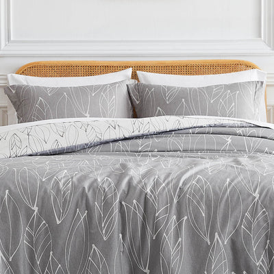 Front View of Reversible Modern Foliage Comforter Set in Grey#color_modern-foliage-grey