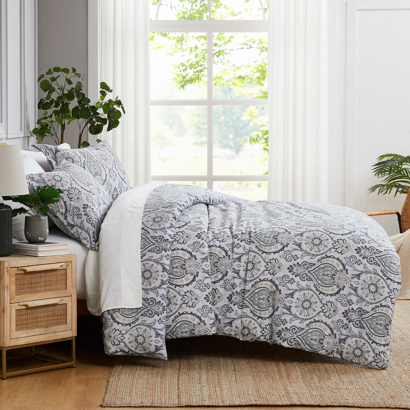 Side View of Boho Paisley Comforter Set in grey#color_boho-paisley-grey