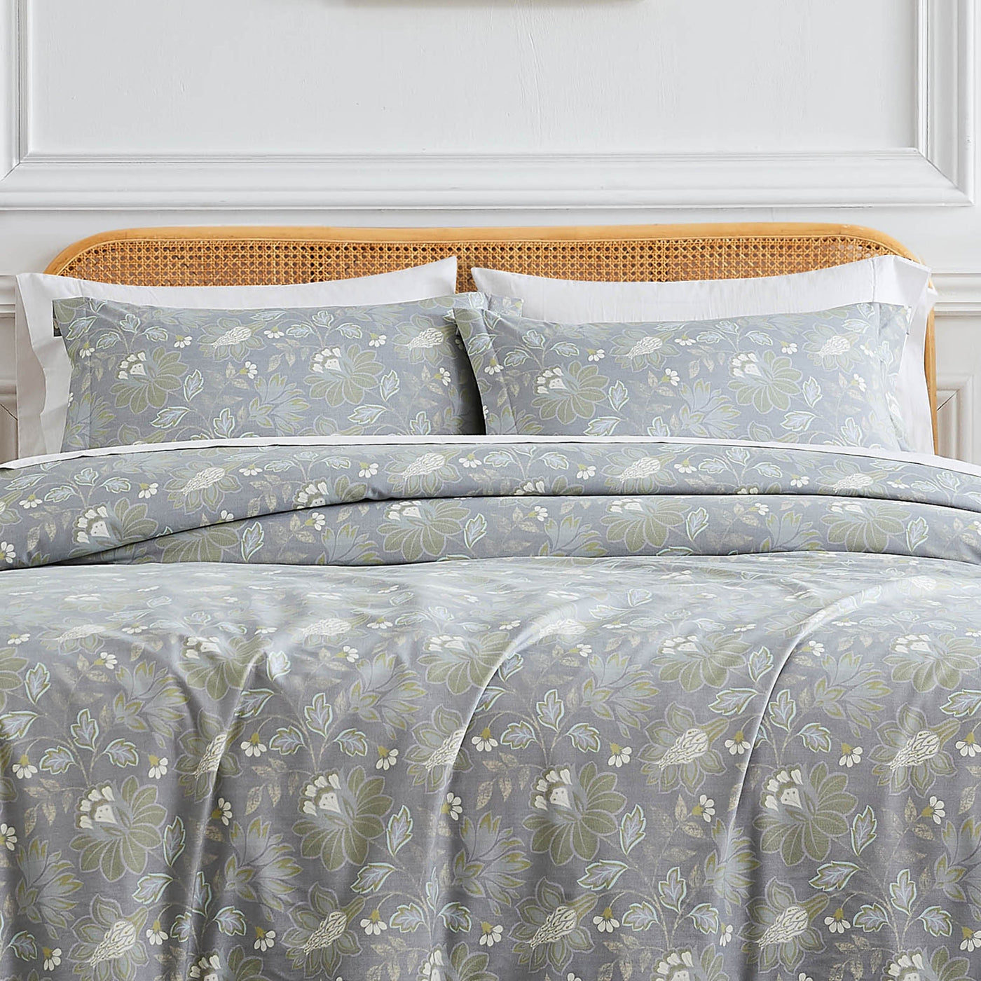 Front View of Infinite Blossom Comforter Set in Steel Blue#color_infinite-blossom-steel-blue