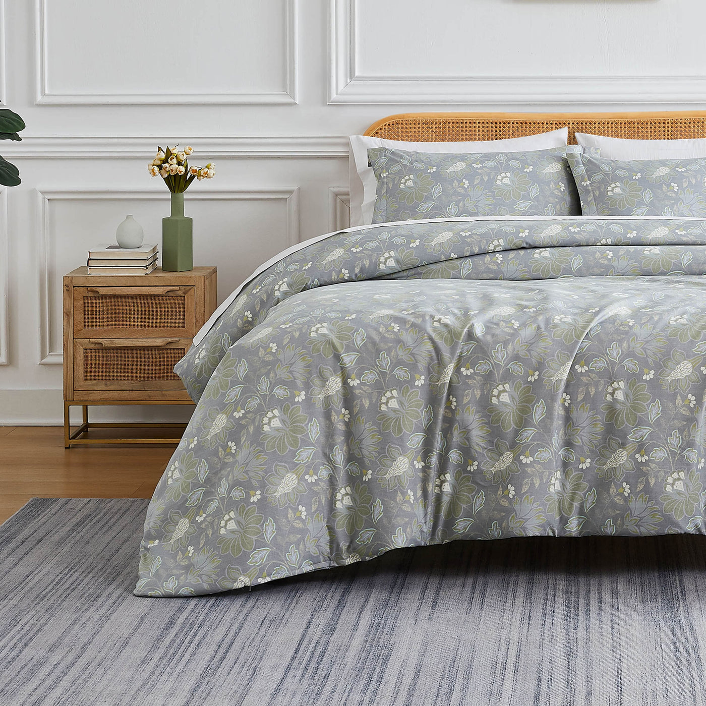 Front View of Infinite Blossom Comforter Set in Steel Blue#color_infinite-blossom-steel-blue