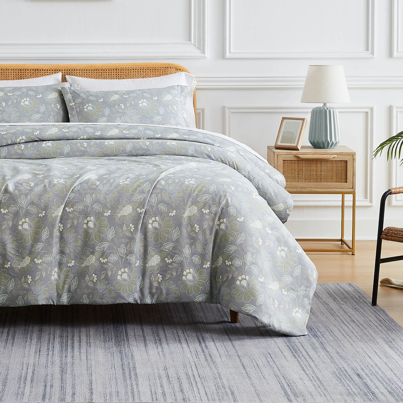 Front View of Infinite Blossom Comforter Set in Steel Blue#color_infinite-blossom-steel-blue