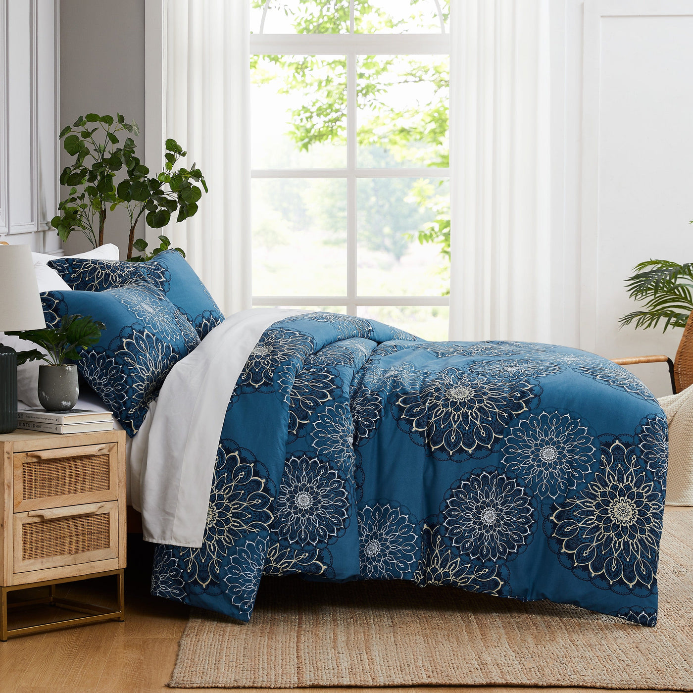 Side View of Midnight Floral Comforter Set in blue#color_midnight-floral-aqua