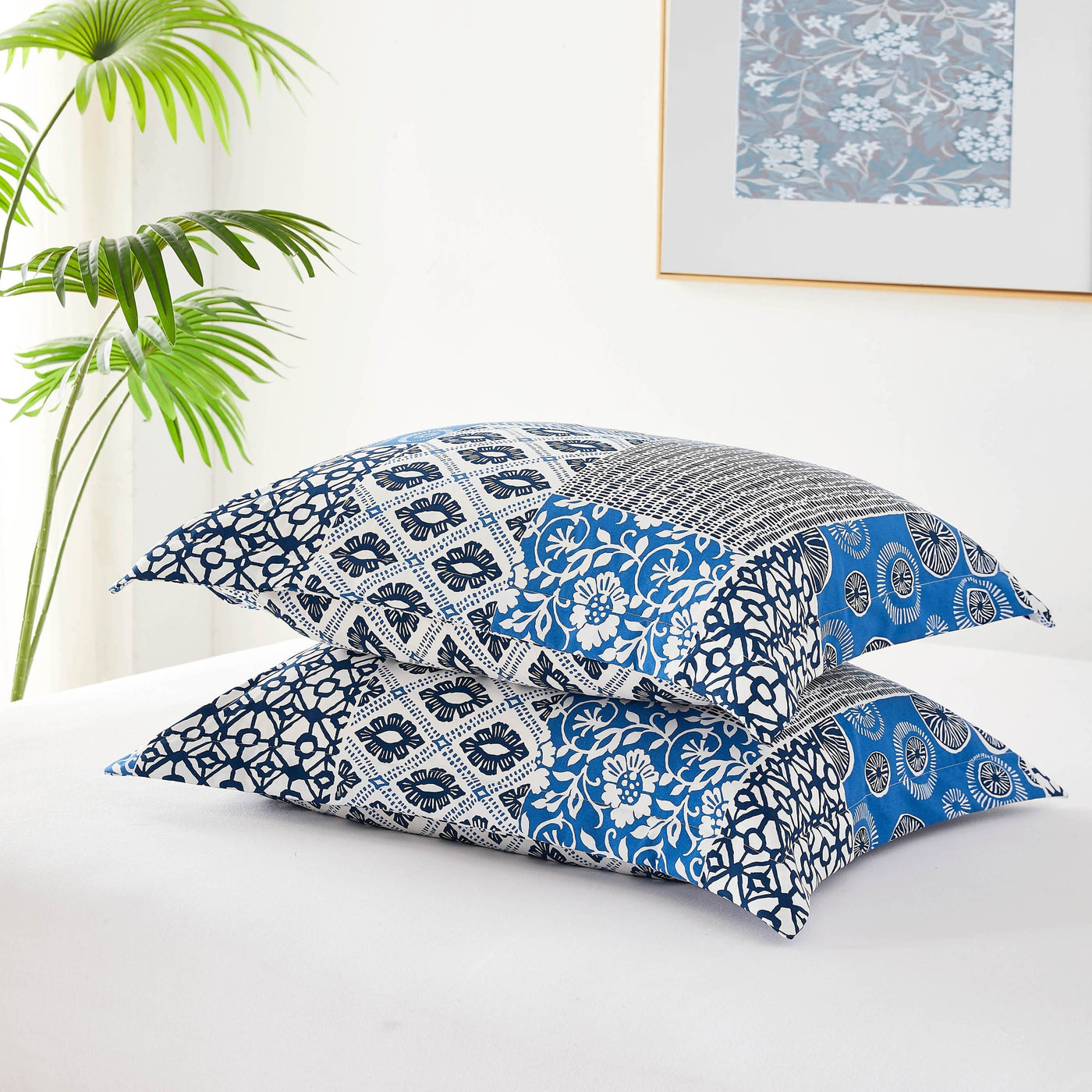 Detailed Shams Image of Global Patchwork Comforter Set in blue#color_patchwork-blue