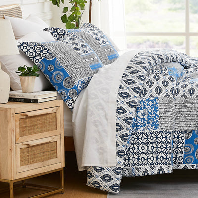 Side View of Global Patchwork Comforter Set in blue#color_patchwork-blue