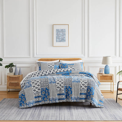 Front View of Global Patchwork Comforter Set in blue#color_patchwork-blue