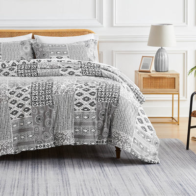 Front View of Global Patchwork Comforter Set in grey#color_patchwork-grey