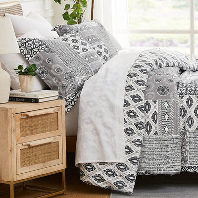 Side View of Global Patchwork Comforter Set in grey#color_patchwork-grey