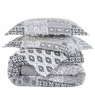 Detailed Shams Image of Global Patchwork Comforter Set in grey#color_patchwork-grey