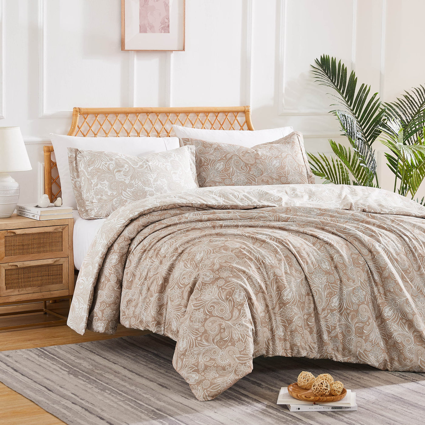 Angled View of Perfect Paisley Comforter Set in taupe#color_perfect-paisley-taupe