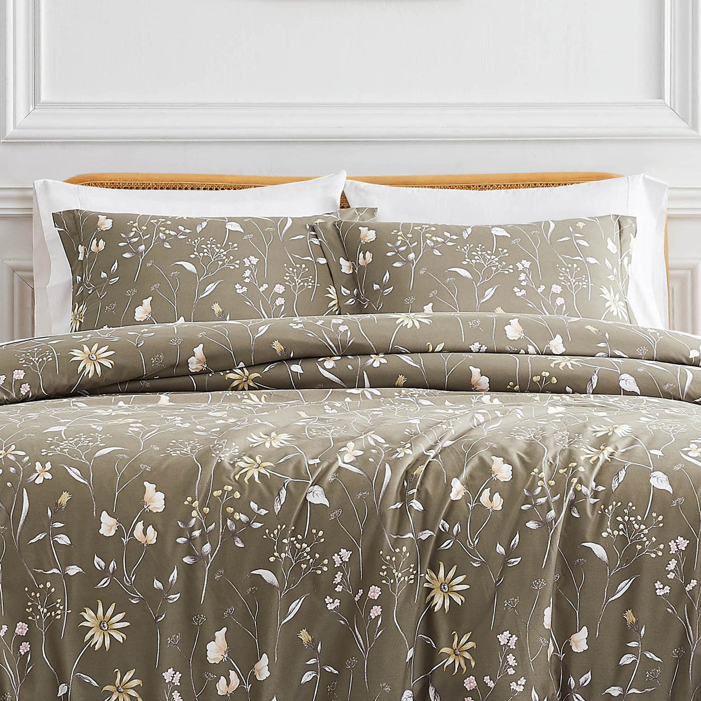 Front View of Secret Meadow Comforter Set in olive-brown#color_secret-meadow-olive-brown
