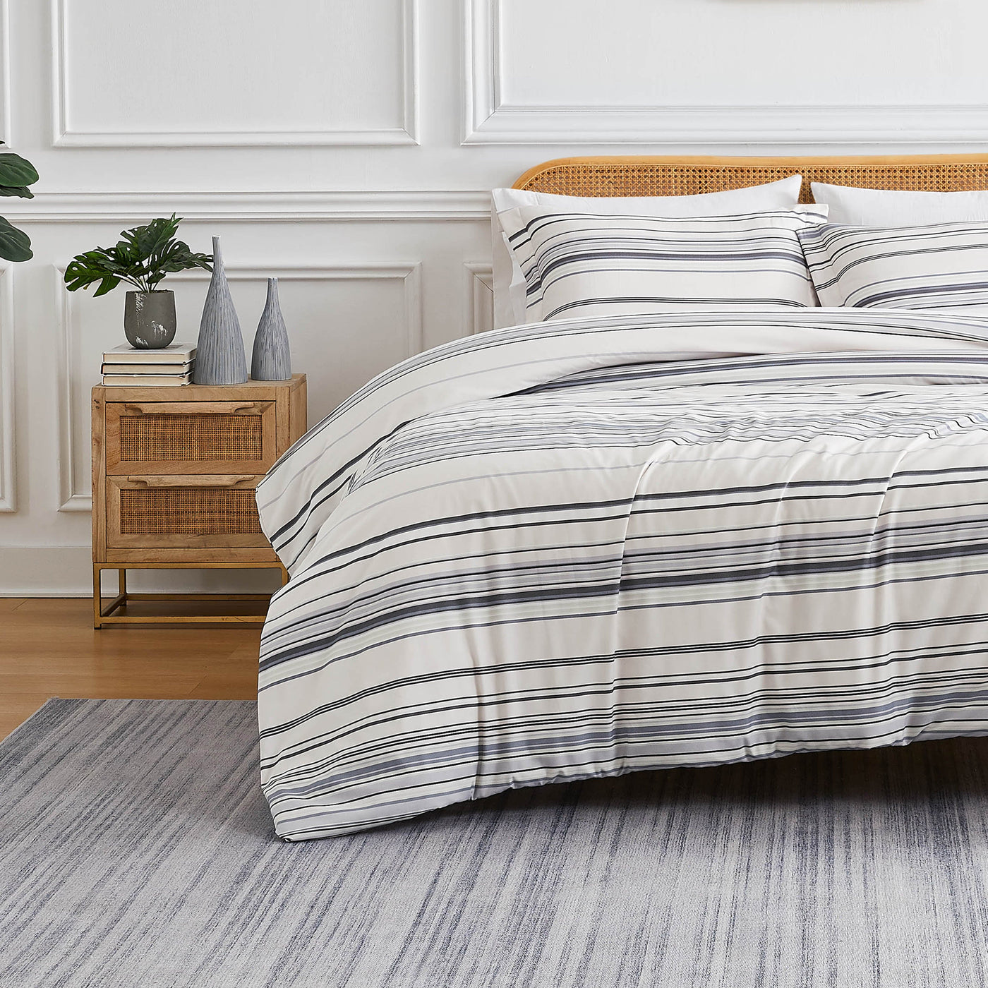 Front View of Coastal Stripes Comforter Set in grey#color_coastal-grey