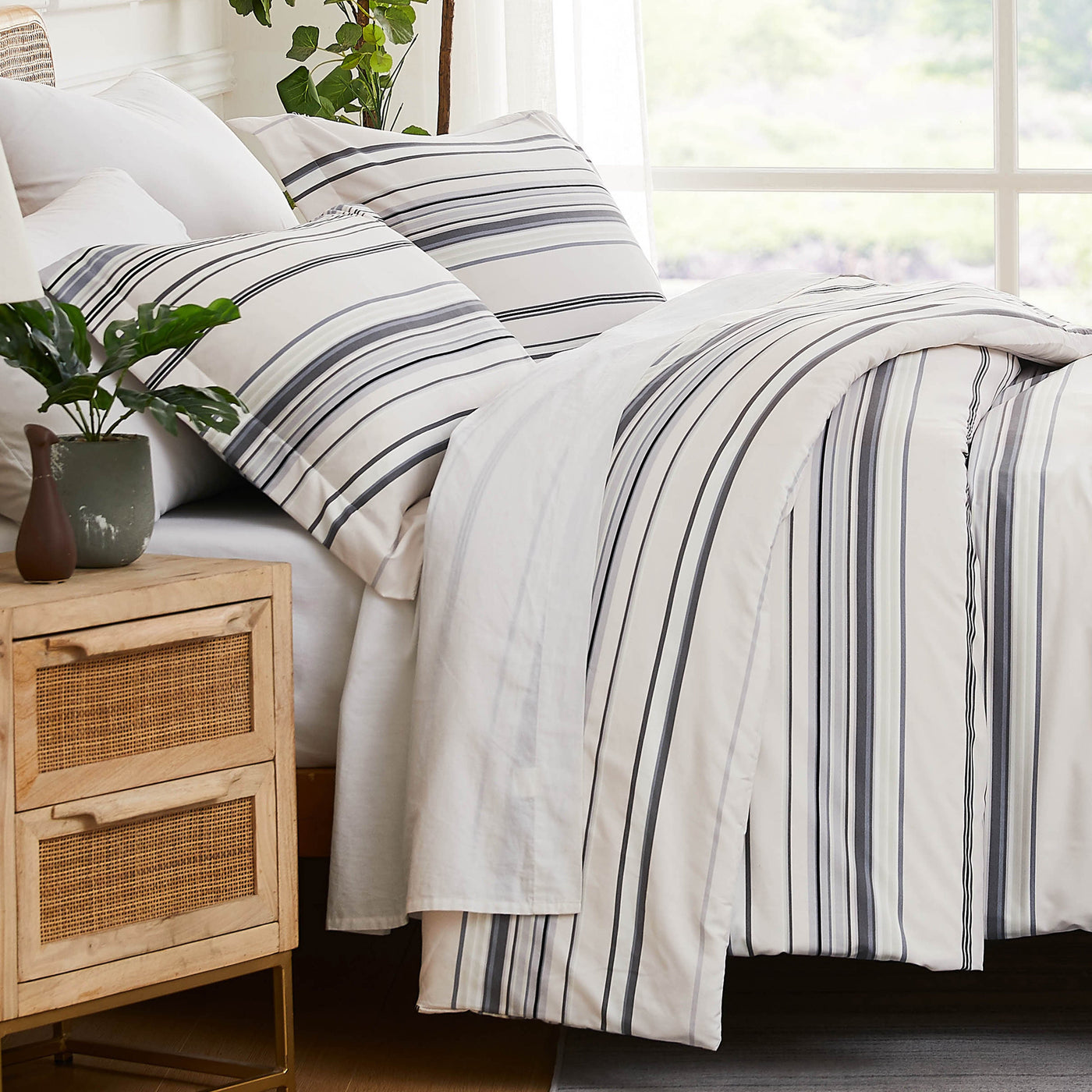 Side View of Coastal Stripes Comforter Set in grey#color_coastal-grey