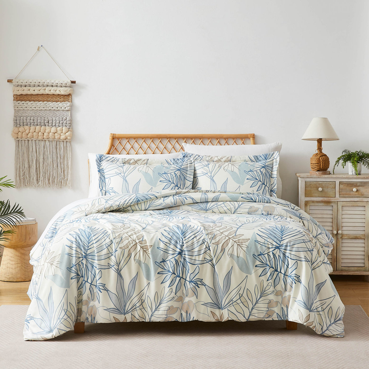 Front View of Tropic Leaf Comforter Set in blue#color_tropic-leaf-blue