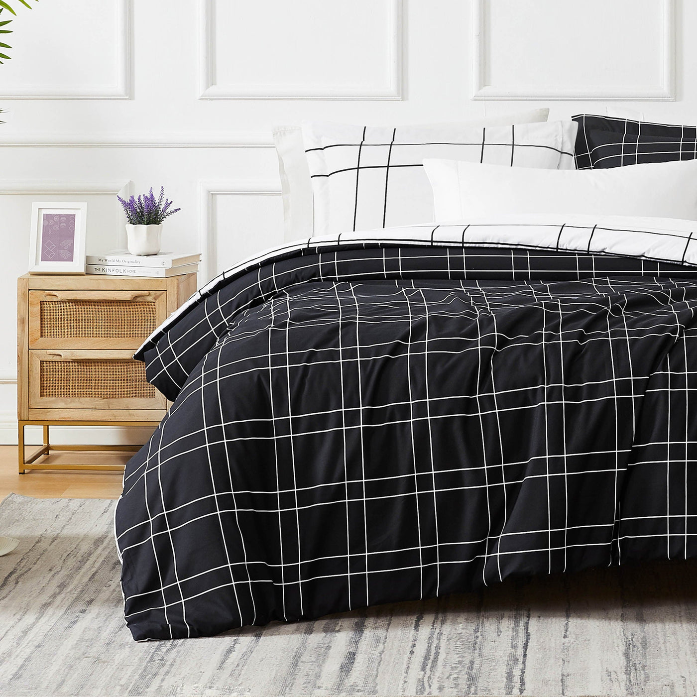 Front View of Urban Grid Reversible Comforter Set #color_urban-grid-black