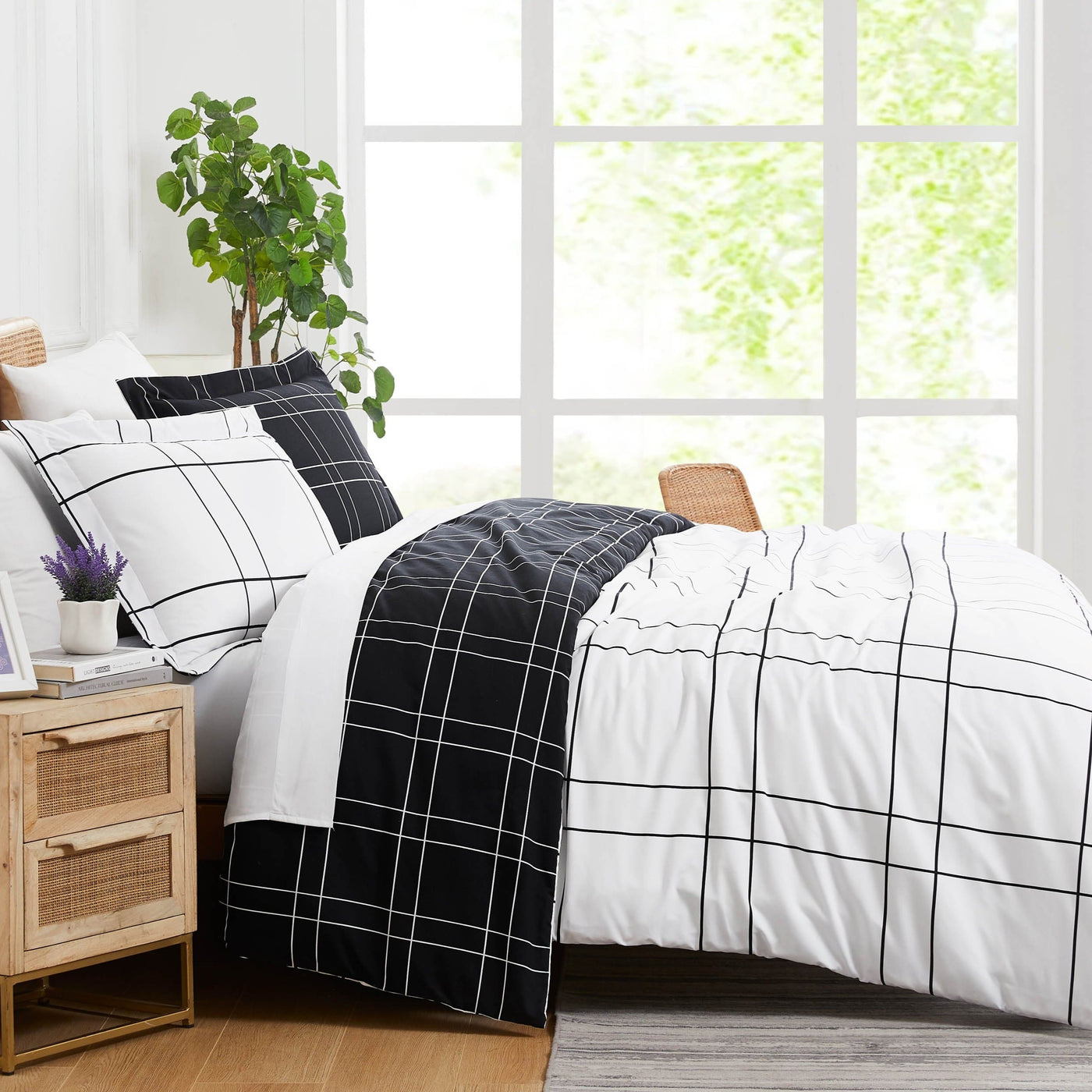 Side View of Urban Grid Reversible Comforter Set #color_urban-grid-black