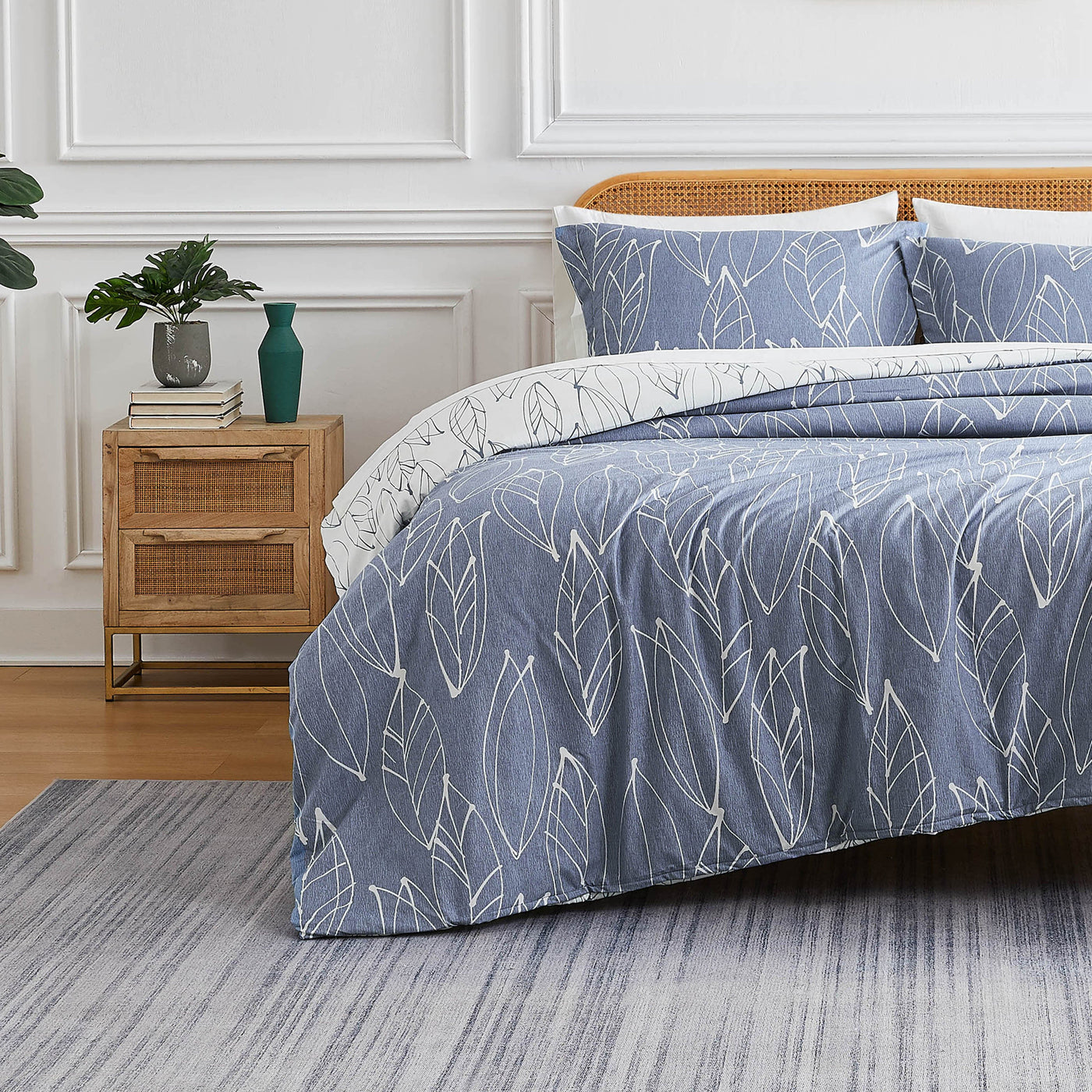 Front View of Reversible Modern Foliage Duvet Cover Set in Blue#color_modern-foliage-blue