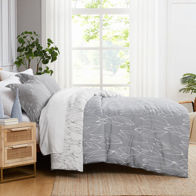 Side View of Reversible Modern Foliage Duvet Cover Set  in Grey#color_modern-foliage-grey