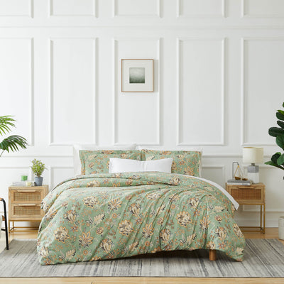 Front View of Jacobean Willow Duvet Cover Set in Green #color_jacobean-willow-green