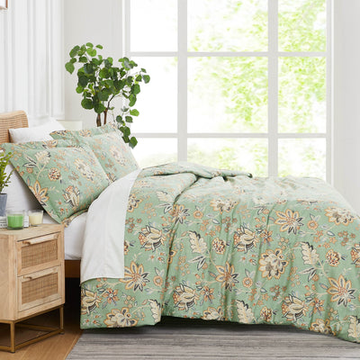 Side View of Jacobean Willow Duvet Cover Set in Green #color_jacobean-willow-green