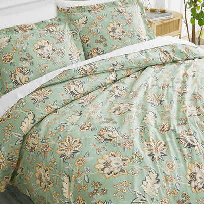 Angled Top View of Jacobean Willow Duvet Cover Set in Green #color_jacobean-willow-green