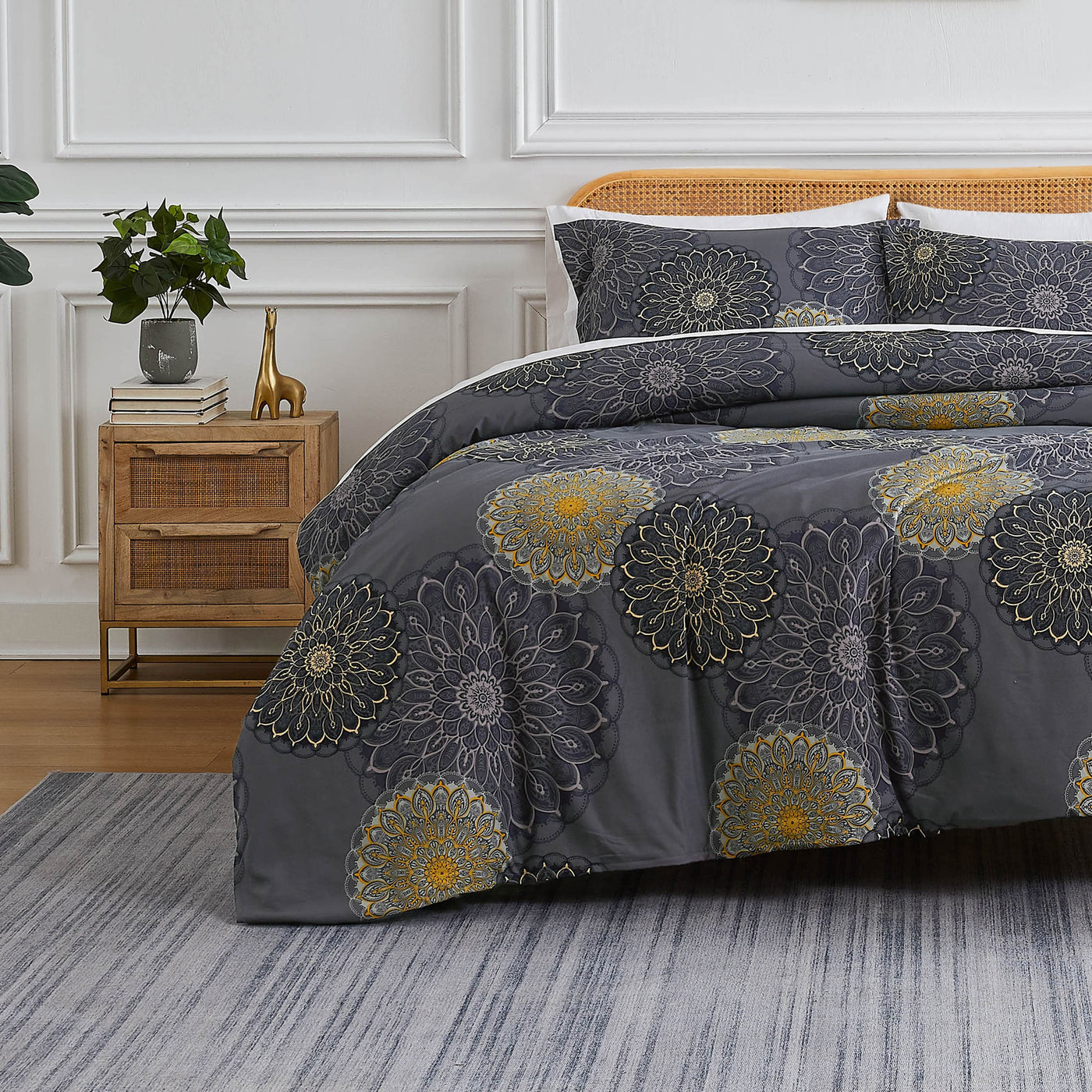 Front View of Midnight Floral Duvet Cover Set in Black#color_midnight-floral-black
