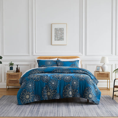 Front View of Midnight Floral Duvet Cover in blue#color_midnight-floral-aqua