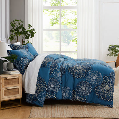 Side View of Midnight Floral Duvet Cover in blue#color_midnight-floral-aqua