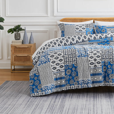 Front View of Global Patchwork Duvet Cover in blue#color_patchwork-blue