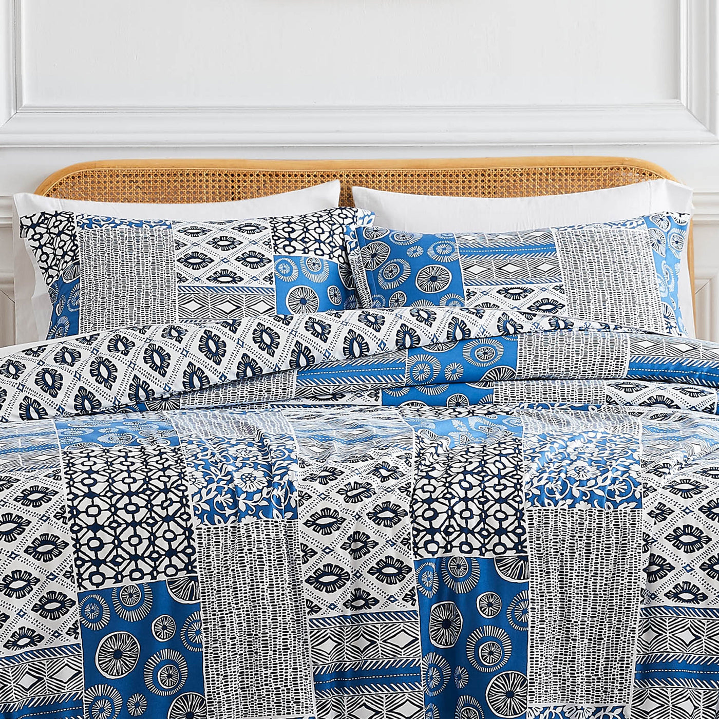 Front View of Global Patchwork Duvet Cover in blue#color_patchwork-blue