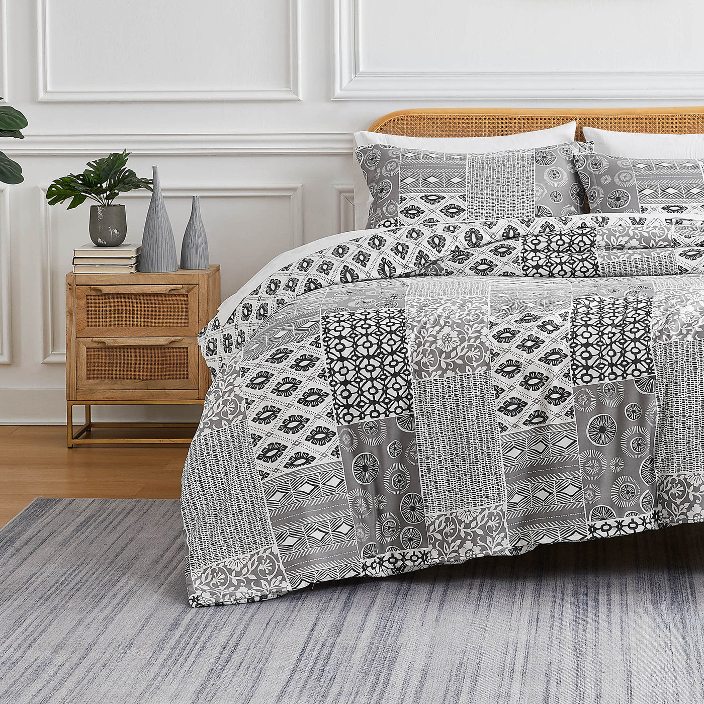 Front View of Global Patchwork Duvet Cover in grey#color_patchwork-grey