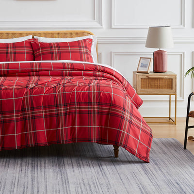 Front View of Vilano Plaid Duvet Cover in red#color_plaid-red
