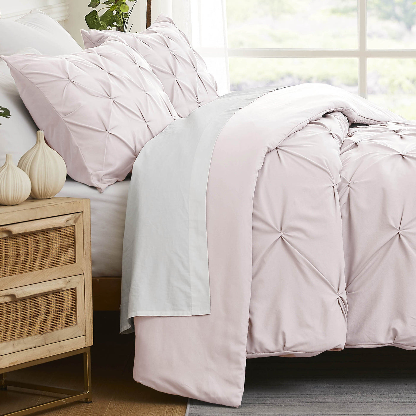 Side View of Pintuck Pinch Pleated Duvet Cover Set in Bone#color_vilano-bone