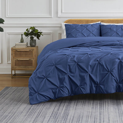 Front View of Pintuck Pinch Pleated Duvet Cover Set in Dark Blue#color_vilano-dark-blue