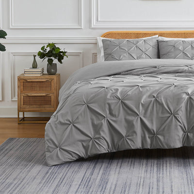 Front View of Pintuck Pinch Pleated Duvet Cover Set in Steel Grey#color_vilano-steel-grey