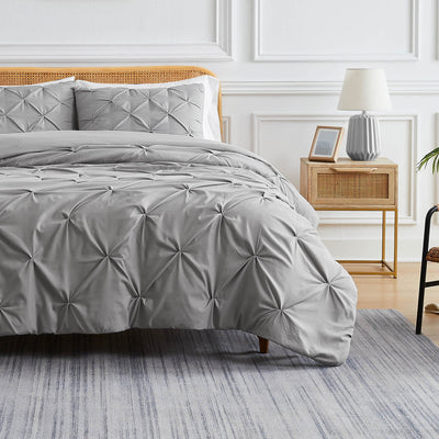 Front View of Pintuck Pinch Pleated Duvet Cover Set in Steel Grey#color_vilano-steel-grey