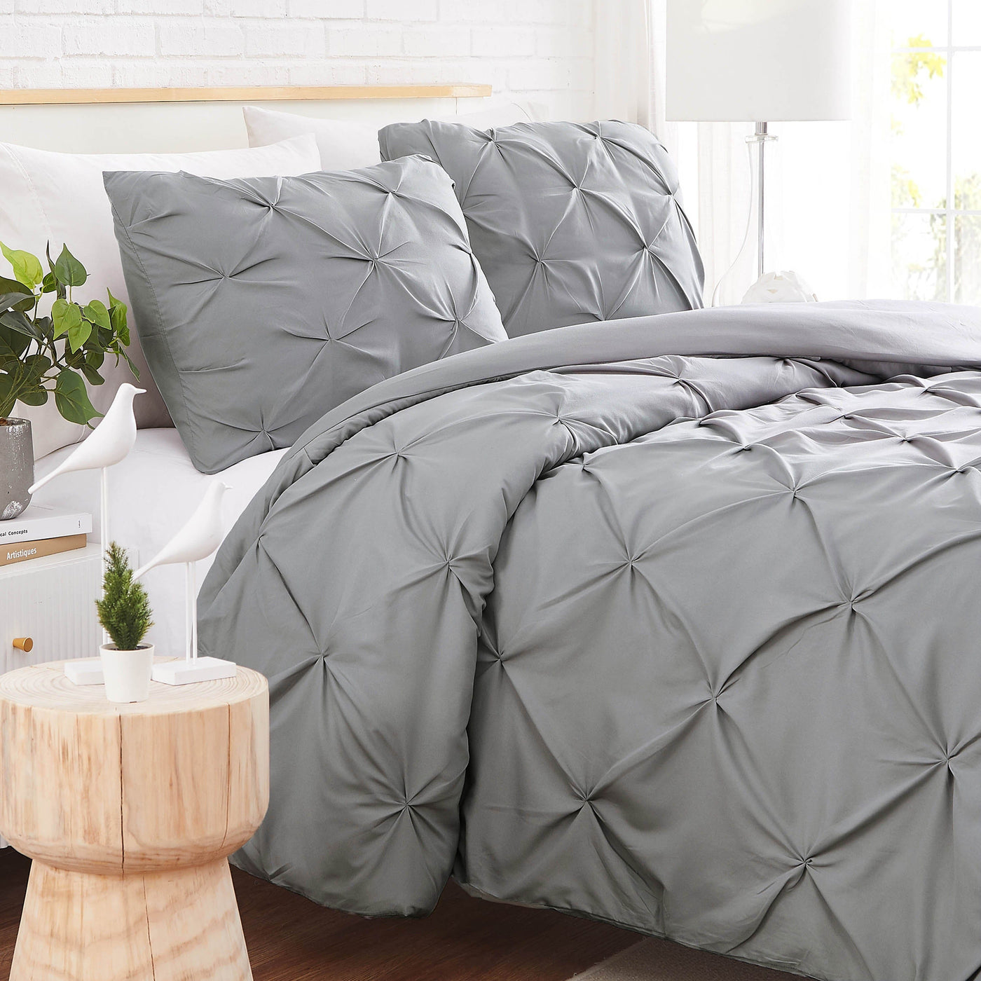 Angled View of Pintuck Pinch Pleated Duvet Cover Set in Steel Grey#color_vilano-steel-grey
