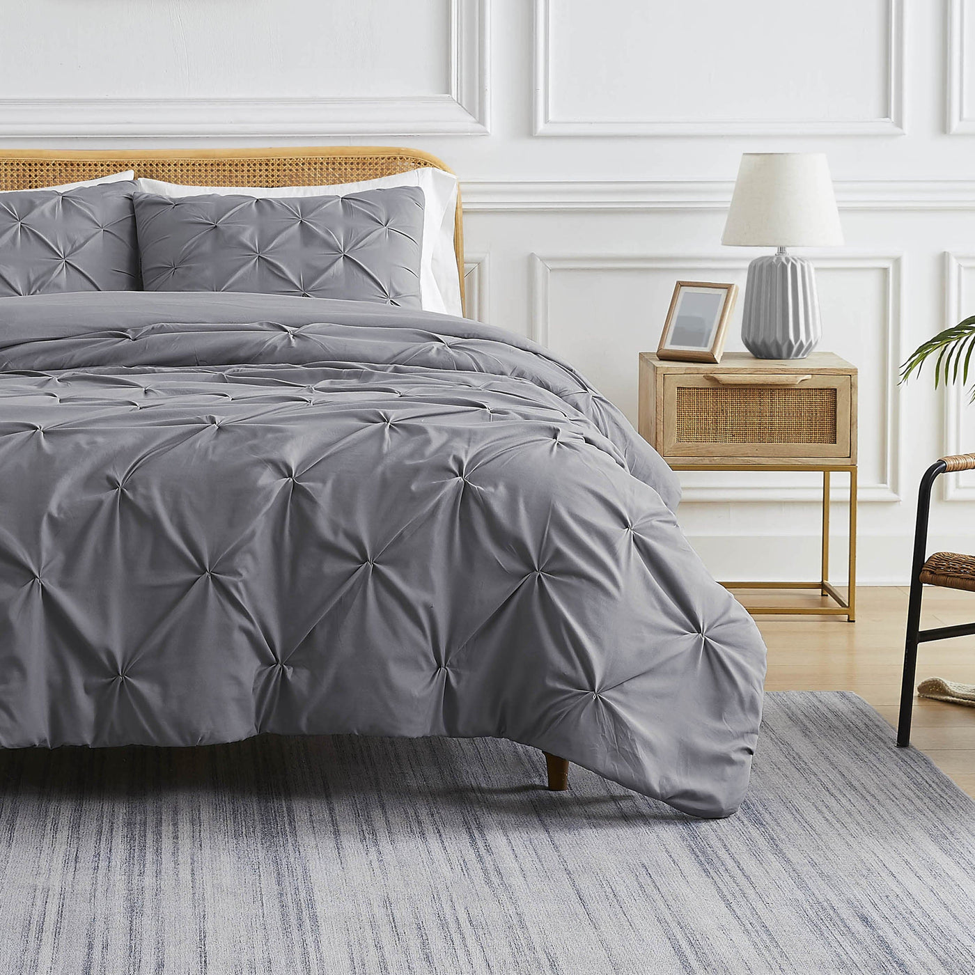 Front View of Pintuck Pinch Pleated Duvet Cover Set in Slate#color_vilano-slate